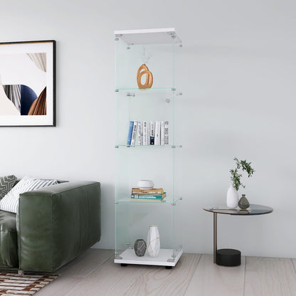 White Glass Display Cabinet with 4 Shelves for Book and Photo Storage