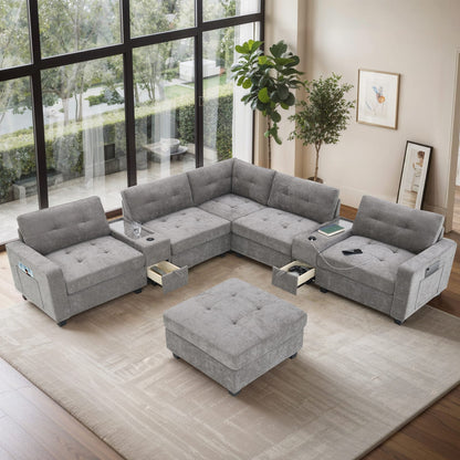 104'' Gray Chenille Sectional Sofa with Movable Ottoman