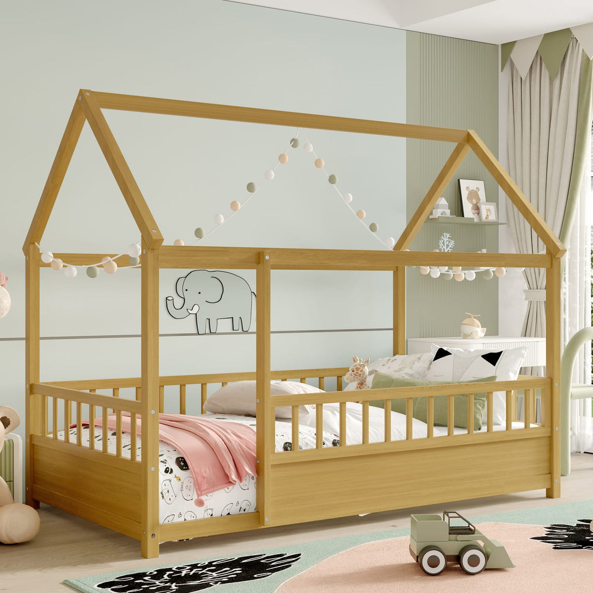 Twin Size Wooden House Bed Frame Natural Pine for Bedroom