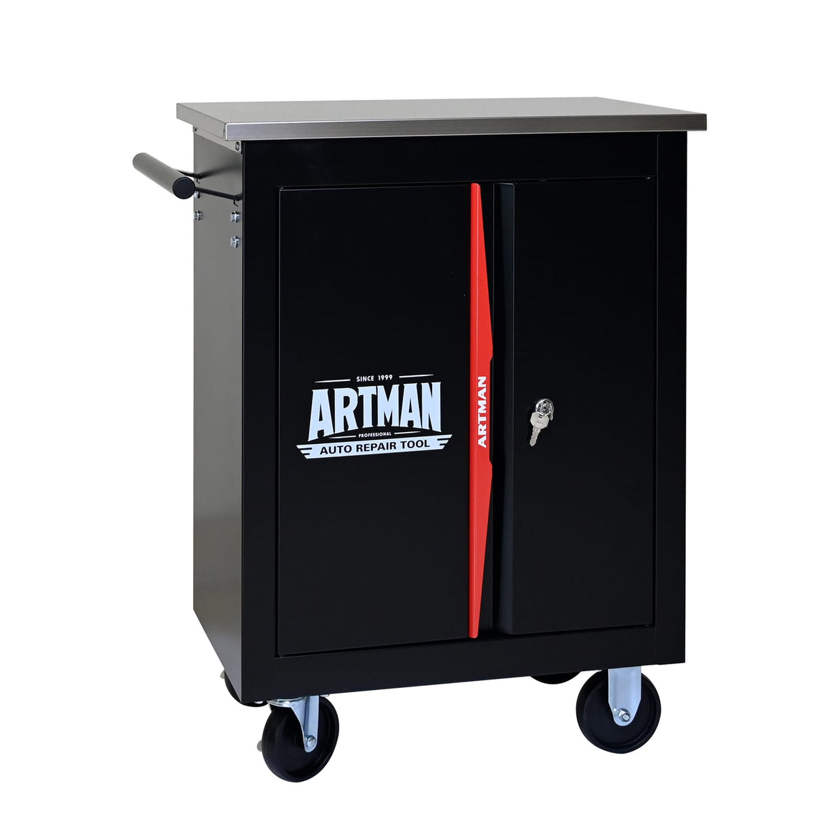 Black Red Steel Tool Cabinet Trolley - 4 Wheel Assembly Cart