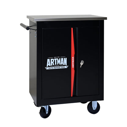 Black Red Steel Tool Cabinet Trolley - 4 Wheel Assembly Cart