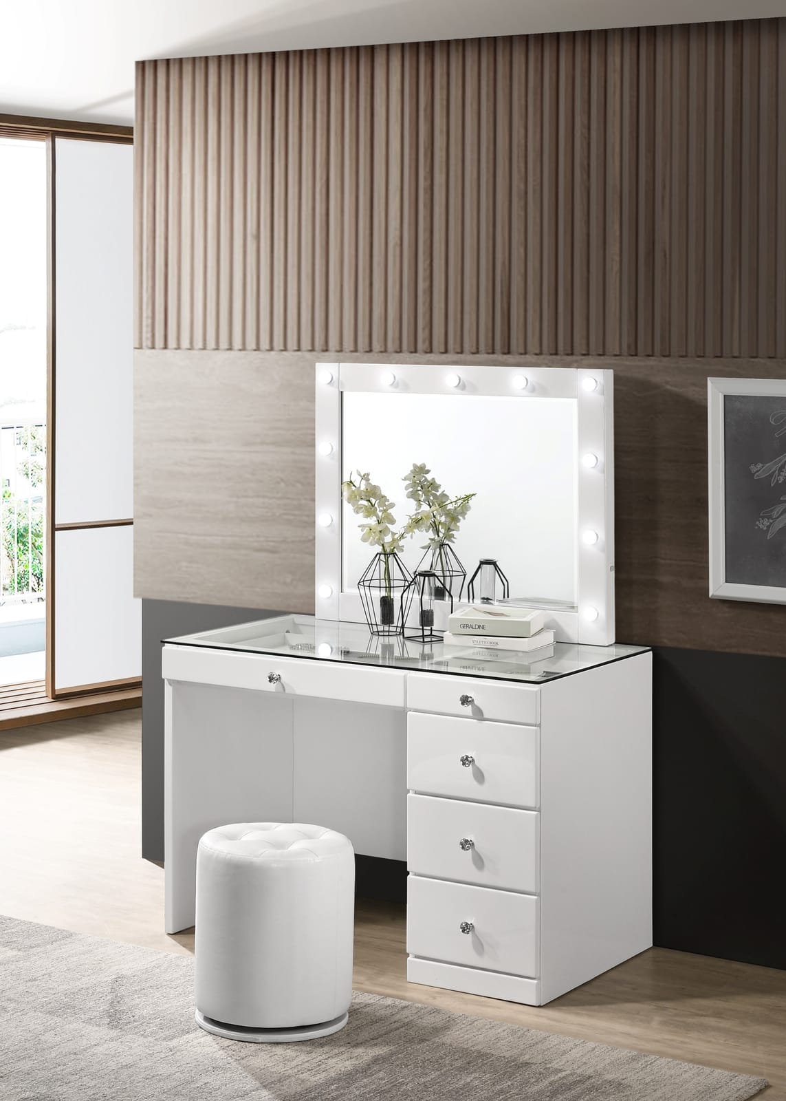Glam White Vanity Stool - Round Swivel Button Tufted Seat