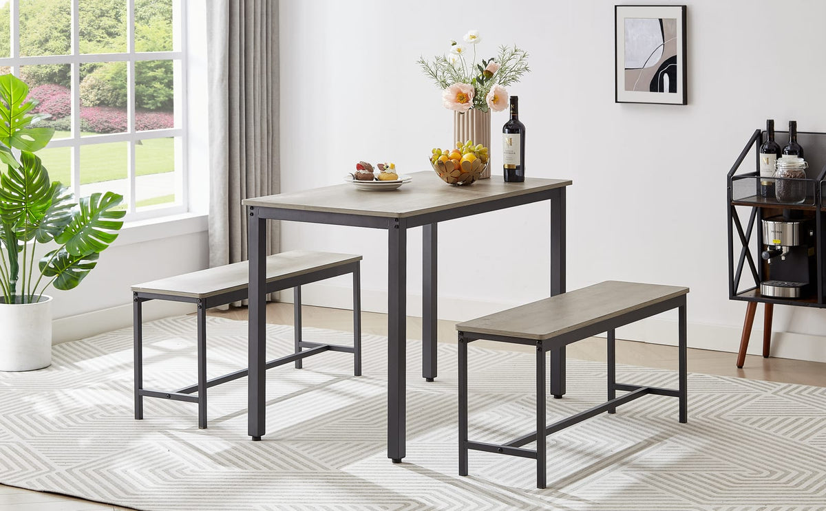 Grey Dining Table Set with 2 Benches - Kitchen Table