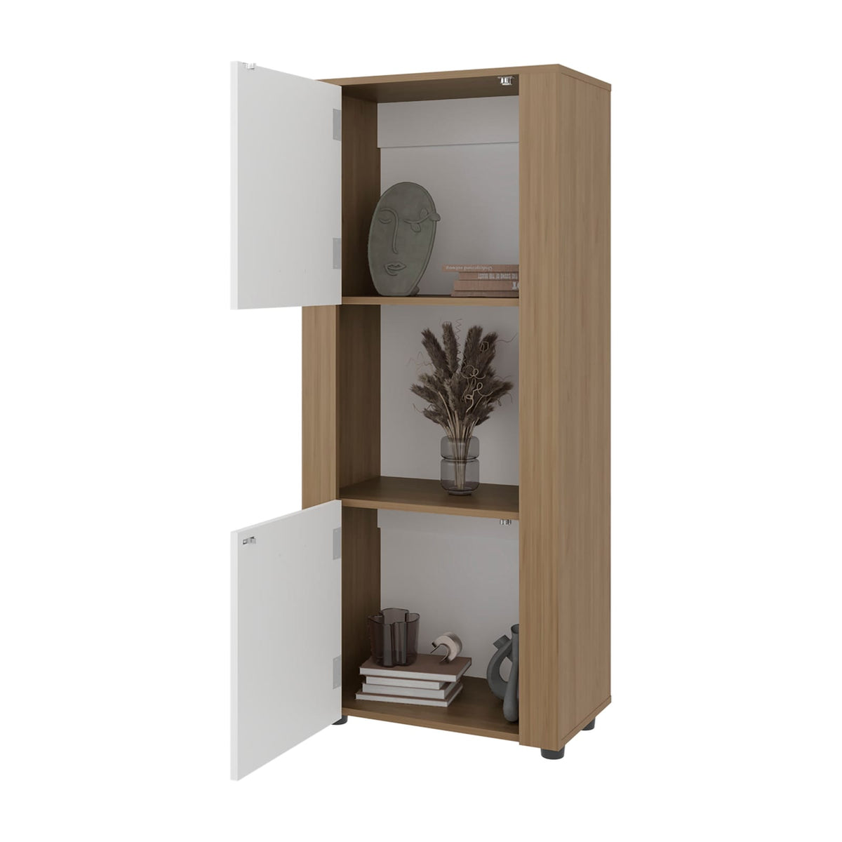 53" Natural White Engineered Wood Bookcase with Doors & Shelves for Living Room