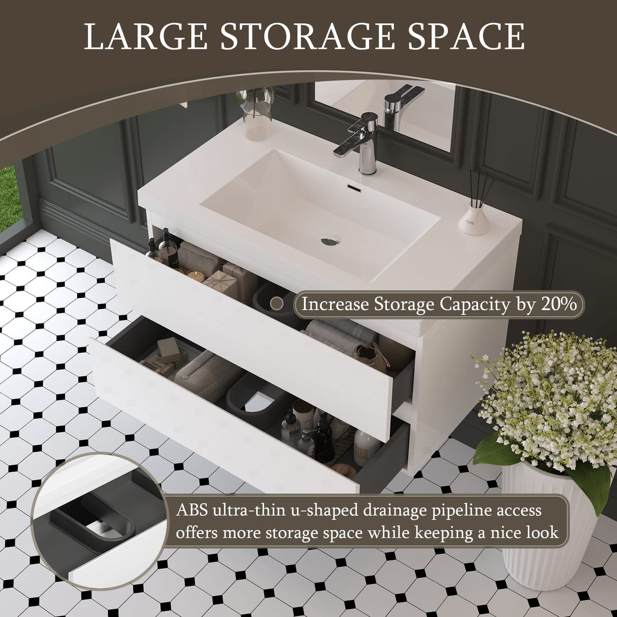 35.4 Inch Glossy White Wall-Mounted Bathroom Vanity with Resin Sink