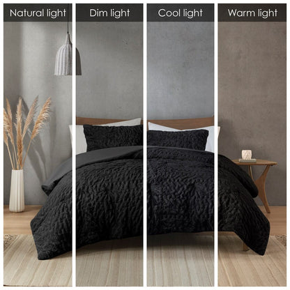 Queen Ruched Fur Comforter Set - Black Polyester
