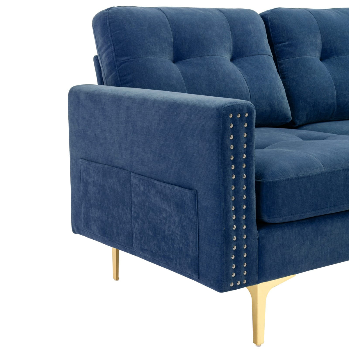 Blue Velvet L-Shape Sectional Sofa with Ottoman for Living Room