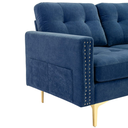 Blue Velvet L-Shape Sectional Sofa with Ottoman for Living Room