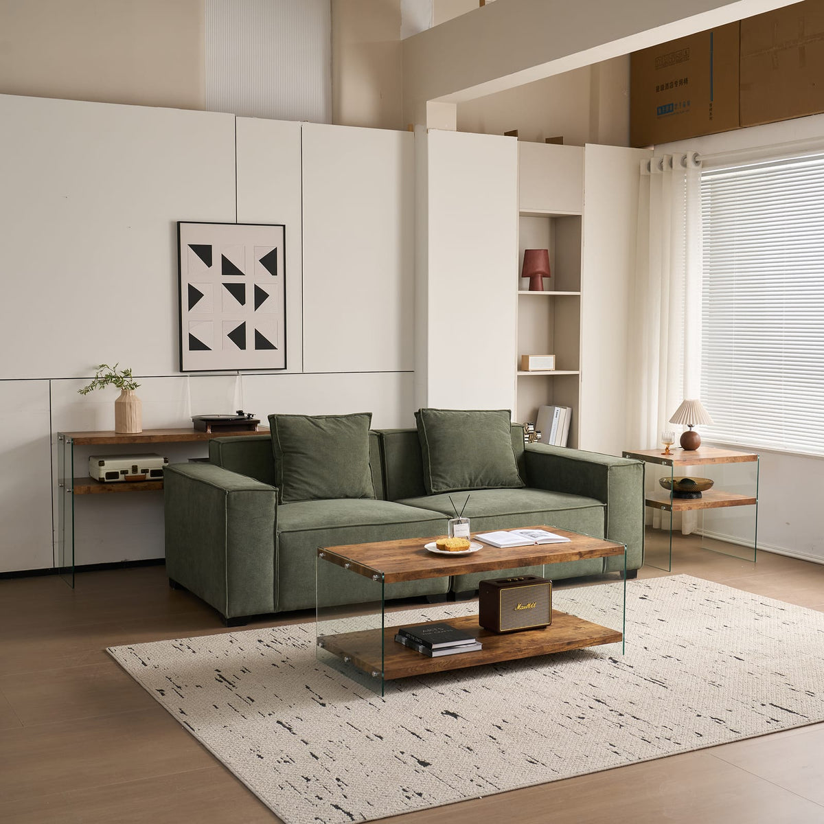 Walnut Glass Coffee Table - Small Sofa Table, Multi-Purpose Design