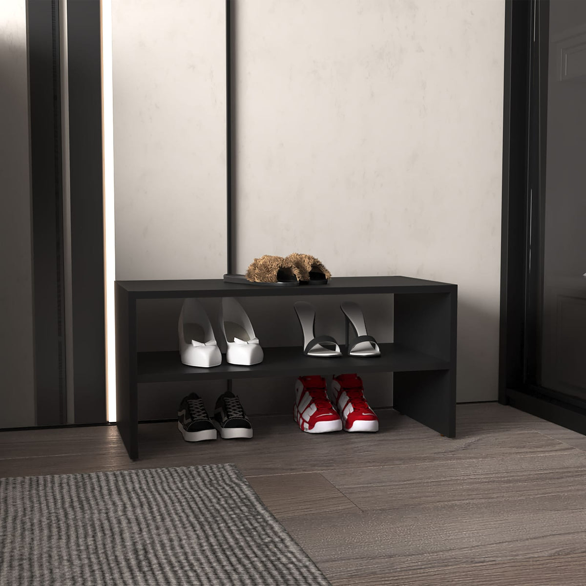 Black Engineered Wood Shoe Storage Bench - 13.7" H for Living Room