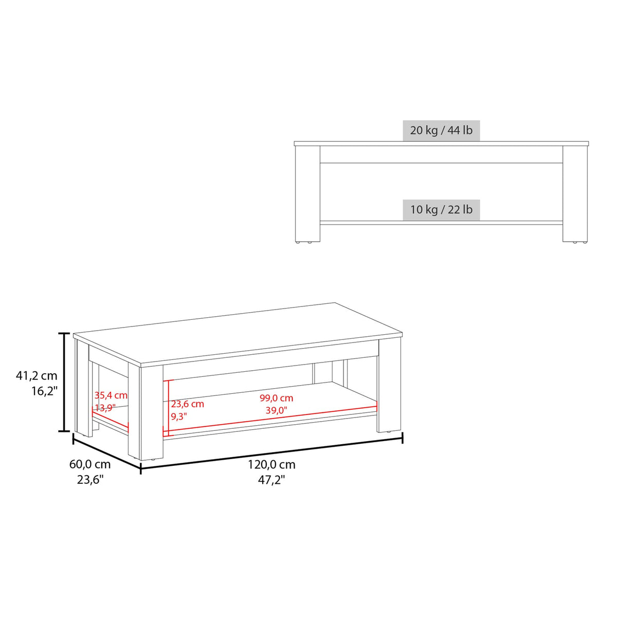 White Engineered Wood Dining Table with Shelf - 47.2" W