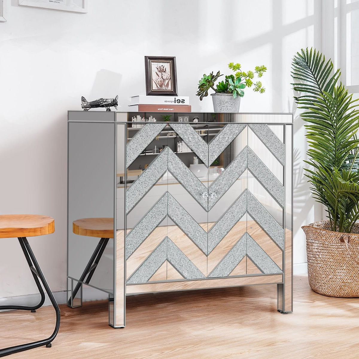 Silver Grey MDF Glass Storage Cabinet with Mirror - Bedroom Storage