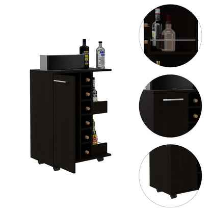 Black Bar Cart with Wine Rack - Storage Cabinet