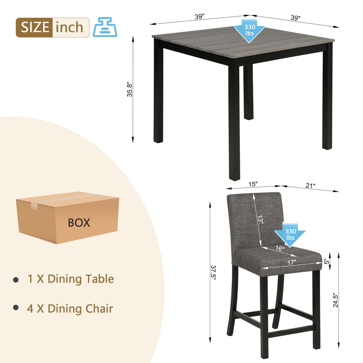 5-Piece Counter Height Dining Table Set - Black & Light Gray