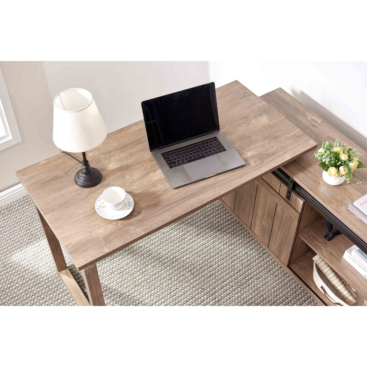 L-Shaped Brown Office Desk with Storage Credenza