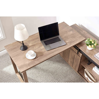 L-Shaped Brown Office Desk with Storage Credenza