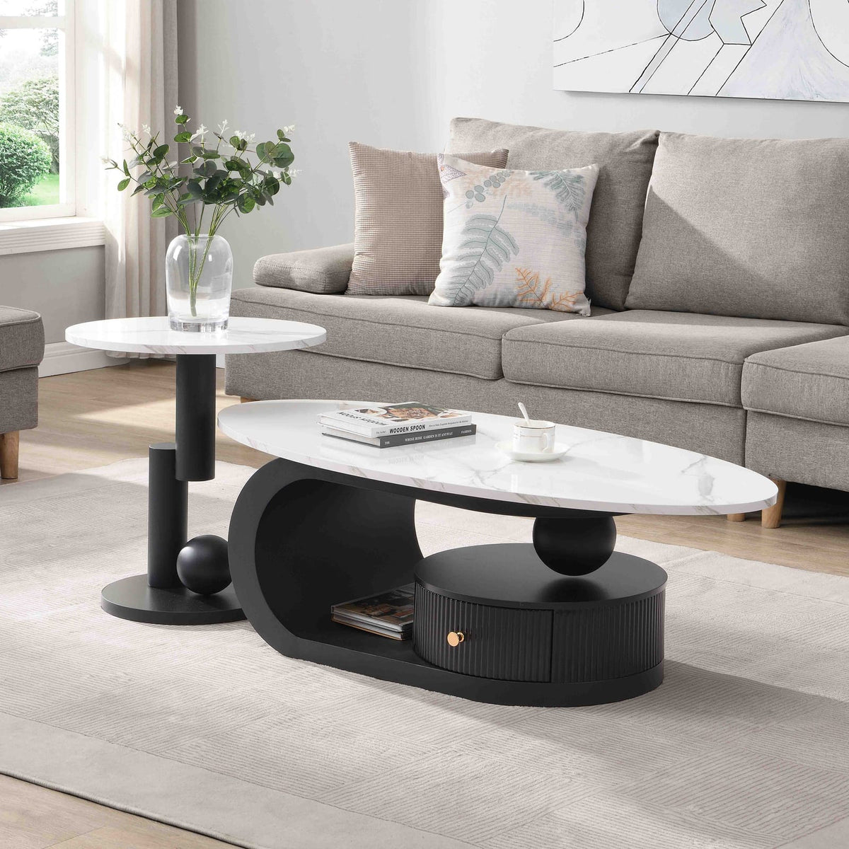 Modern Nesting Coffee Table Set of 2 End Tables - White+Black MDF Iron