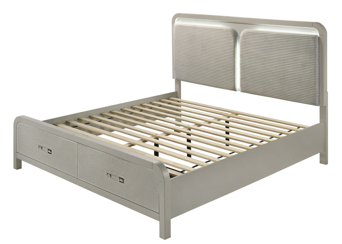 King Modern Storage Bed with Beige Wood Frame and Upholstered Headboard for Bedroom