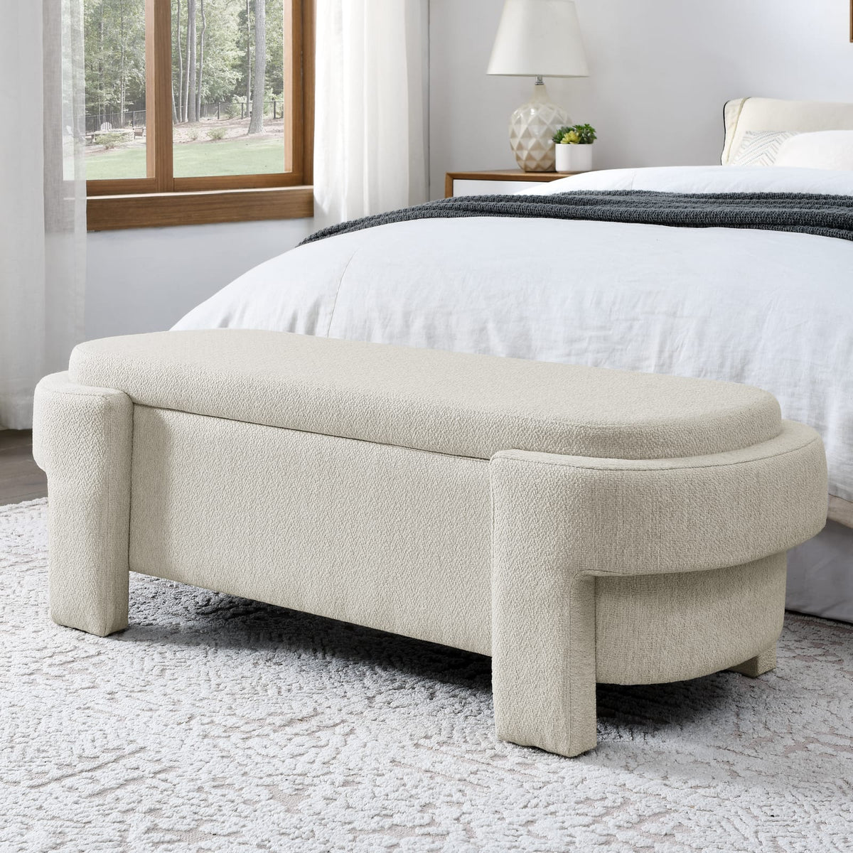 Beige Linen Storage Bench with Foam Cushion for Living Room or Bedroom