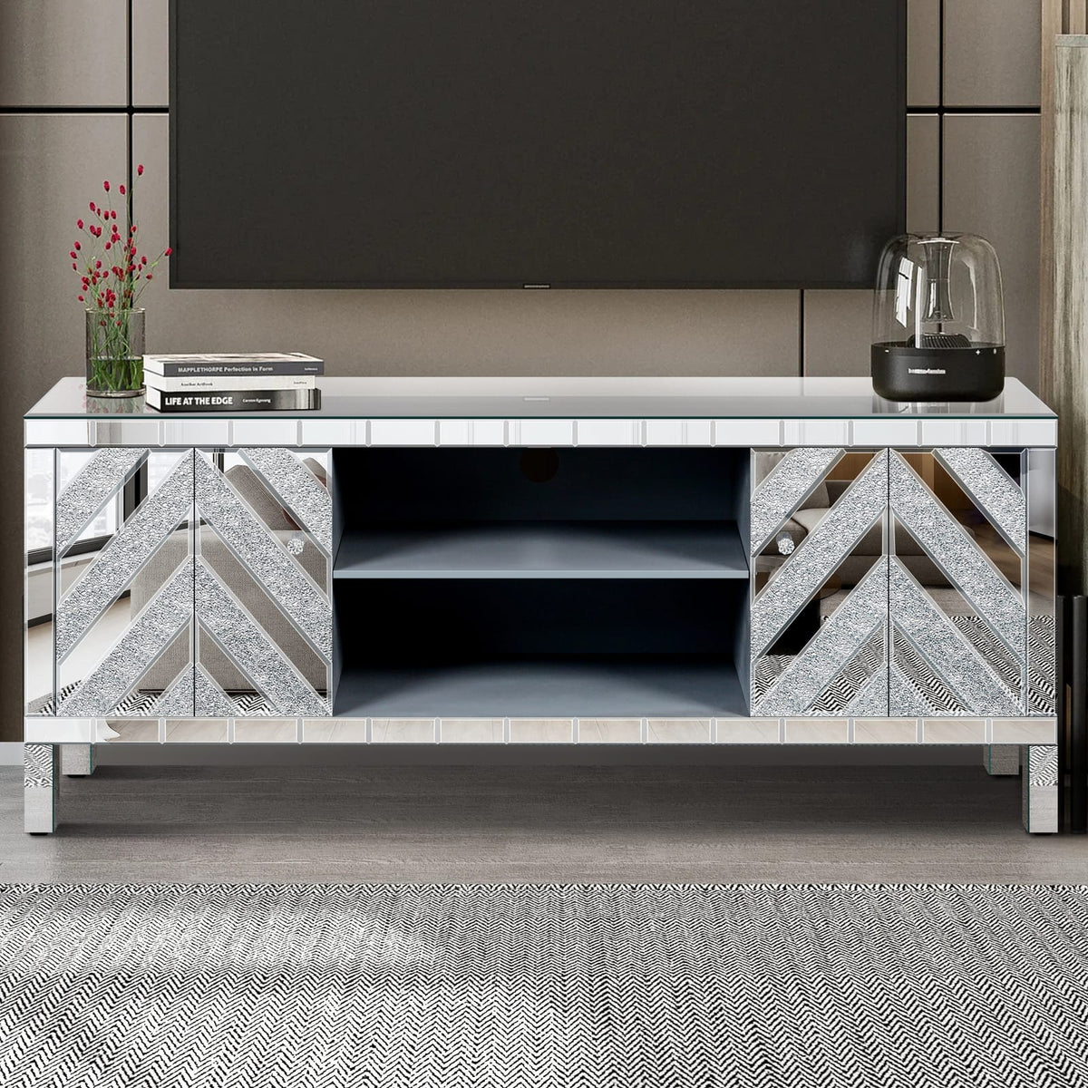 65 Inch TV Stand with Storage - Silver Antique Style