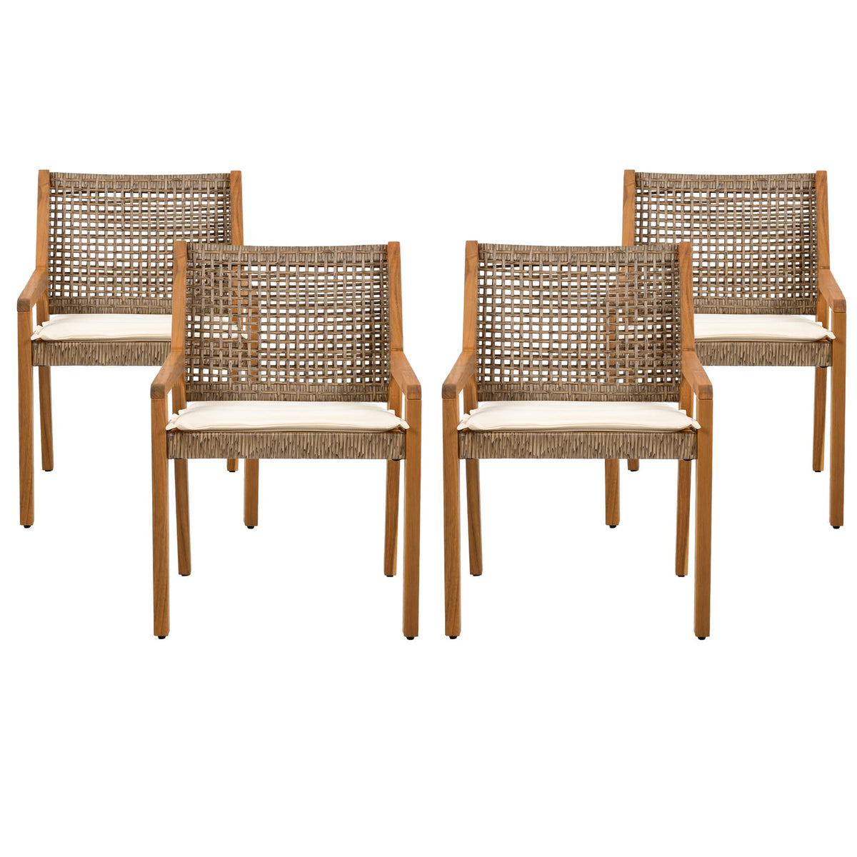 Acacia Wood & Wicker Patio Dining Chairs - Set of 2, Brown Teak Finish