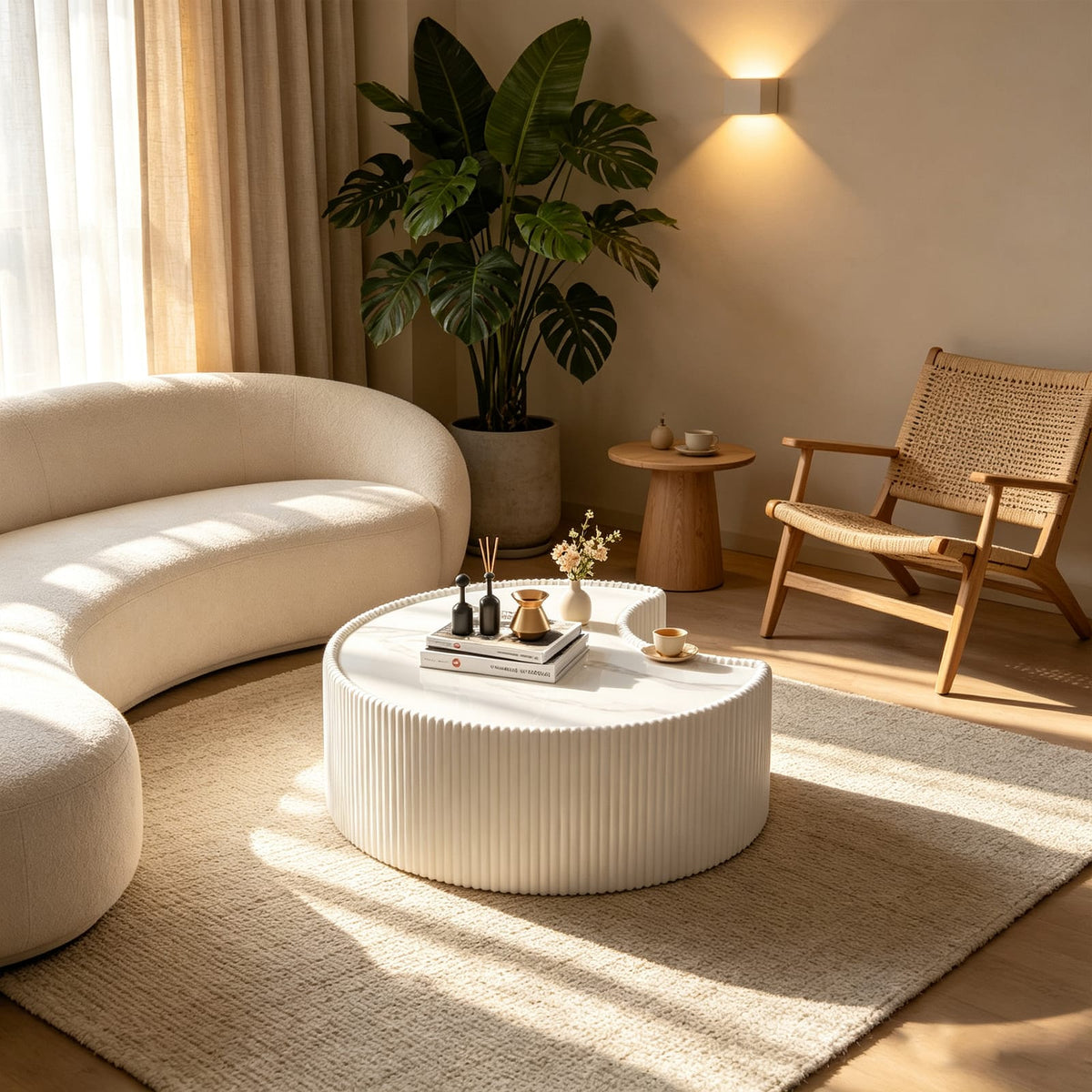 Light Sintered Stone Top Stylish Irregular Shape Leather Coffee Table - Cream White