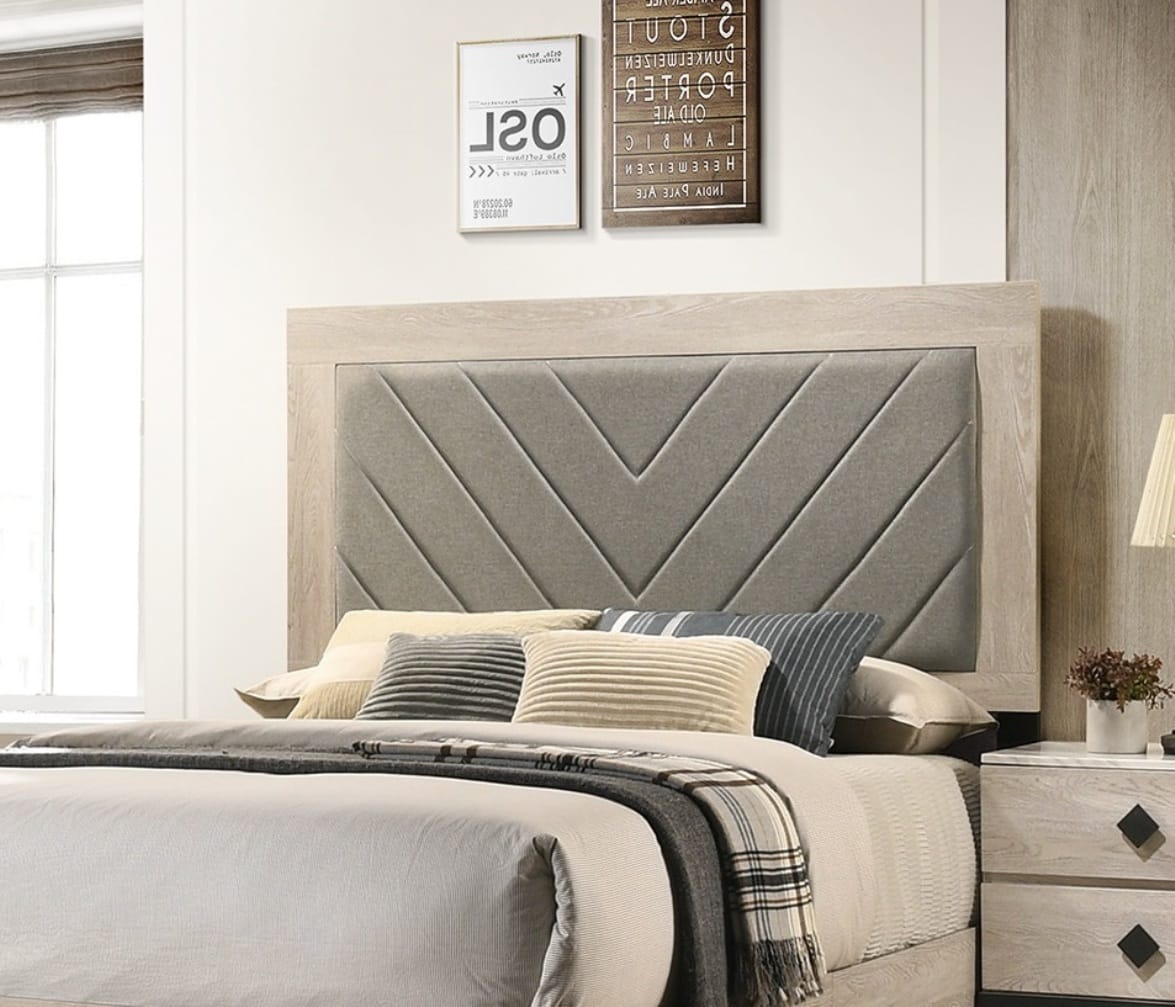 Queen Rubberwood Bed Frame with Contemporary Cream Grey Headboard for Bedroom