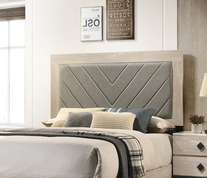 Queen Rubberwood Bed Frame with Contemporary Cream Grey Headboard for Bedroom