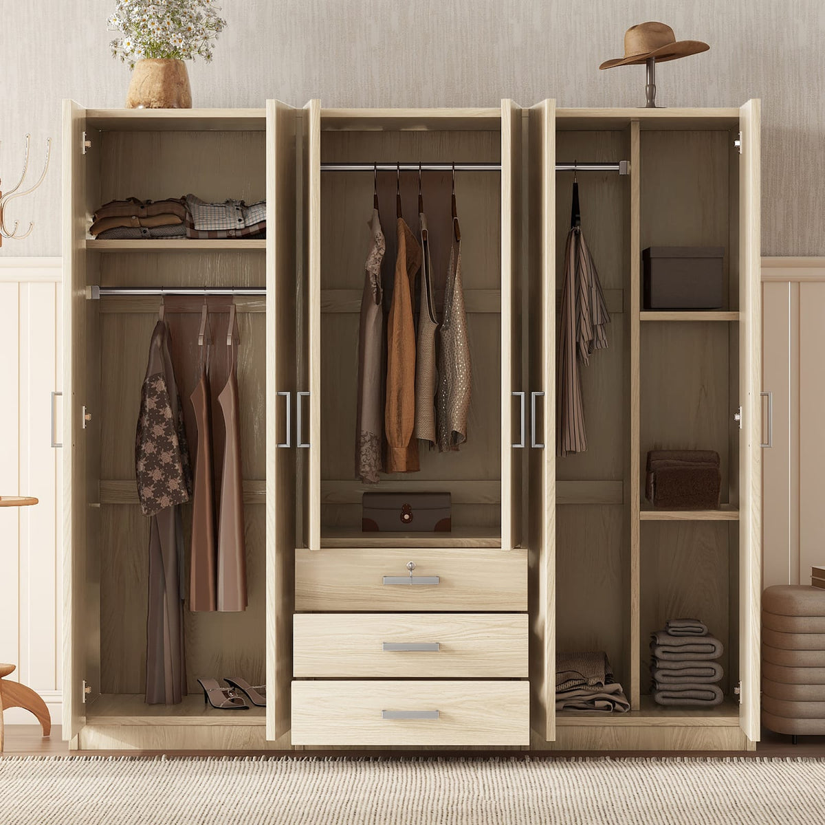 6-Door Wooden Wardrobe - Brown Storage for Bedrooms