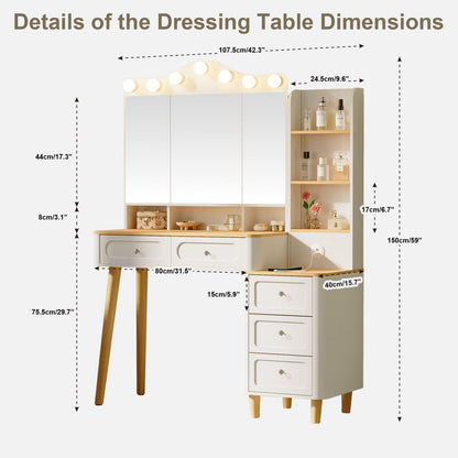 White Makeup Vanity with Mirror & Lights - Storage Drawer Set