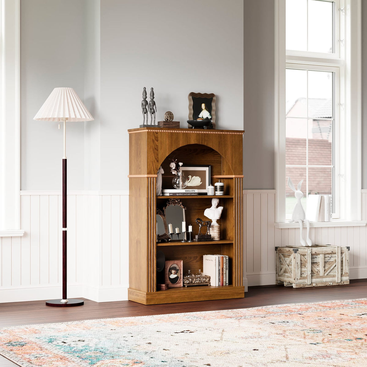 Walnut Melamine Arched Bookshelf - 3 Tier Display Shelf for Living Room