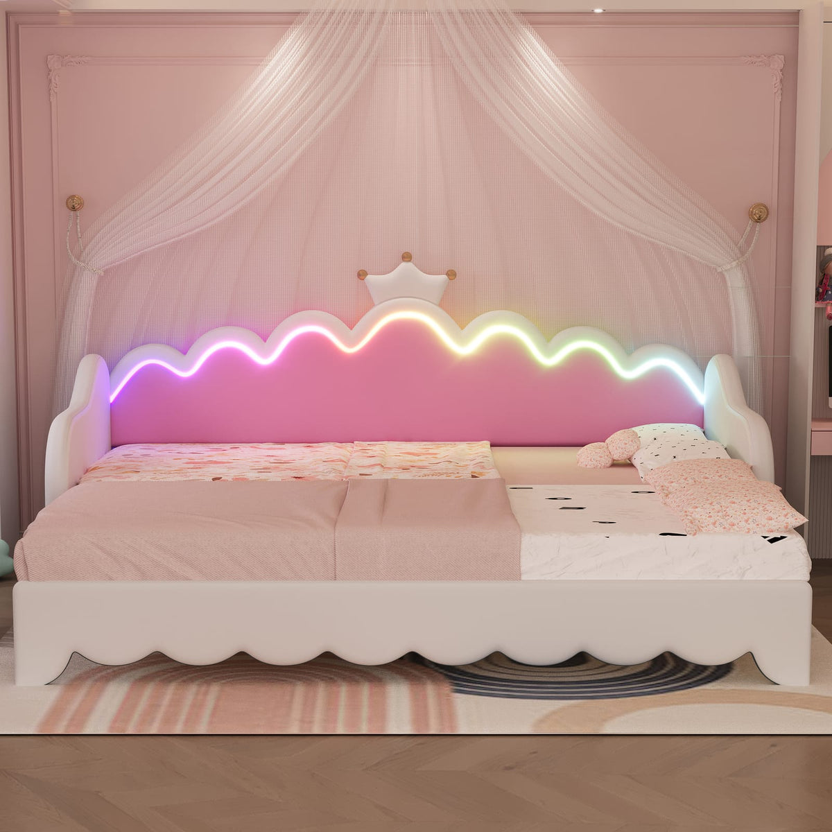 Twin White Wood Daybed with Extendable Bed & LED Lights