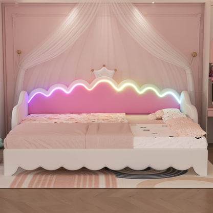 Twin White Wood Daybed with Extendable Bed & LED Lights