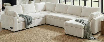 Convertible Sectional Sofa - 5 Seat Beige Corduroy for Living Room