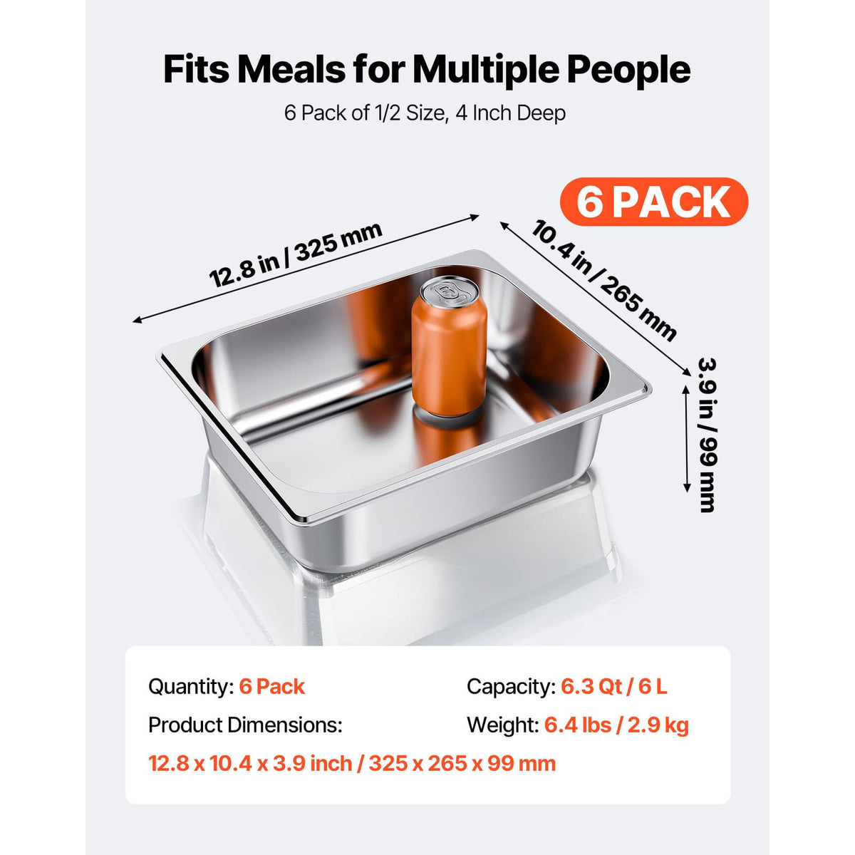 6 Pack Stainless Steel Hotel Pans - 1/2 Size Catering Pans