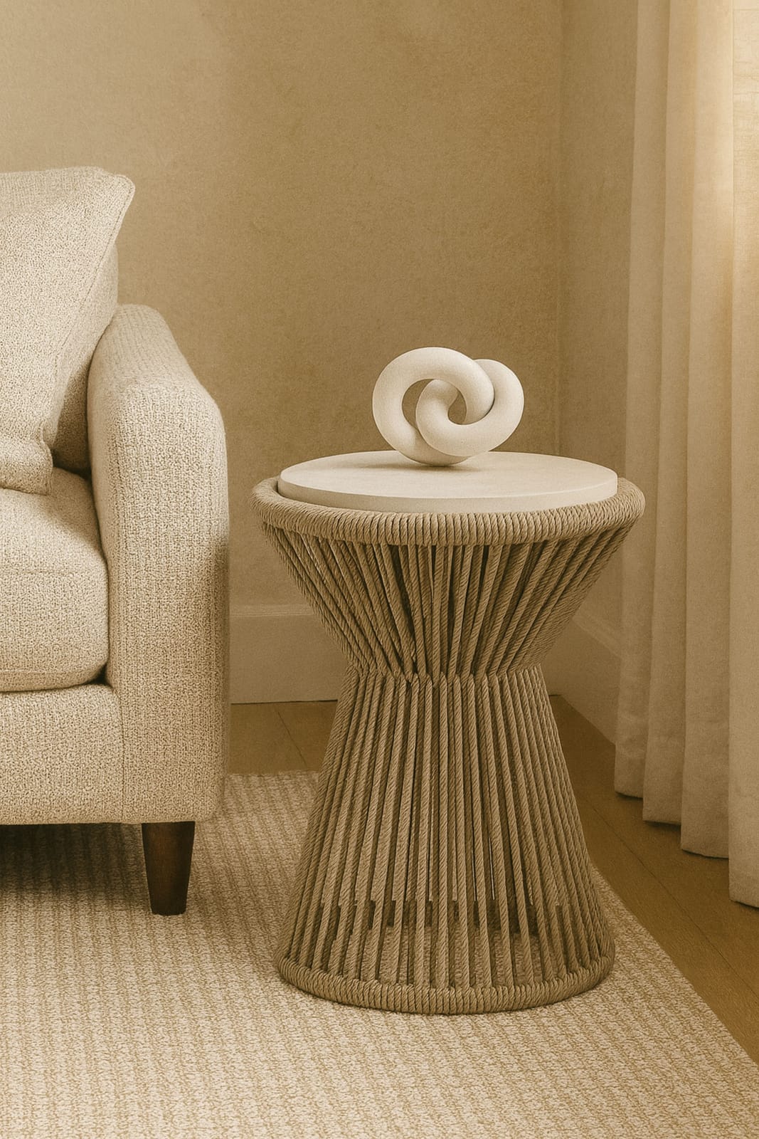 Beige Rope Accent Table with Cylindrical Design for Living Spaces for Living Room