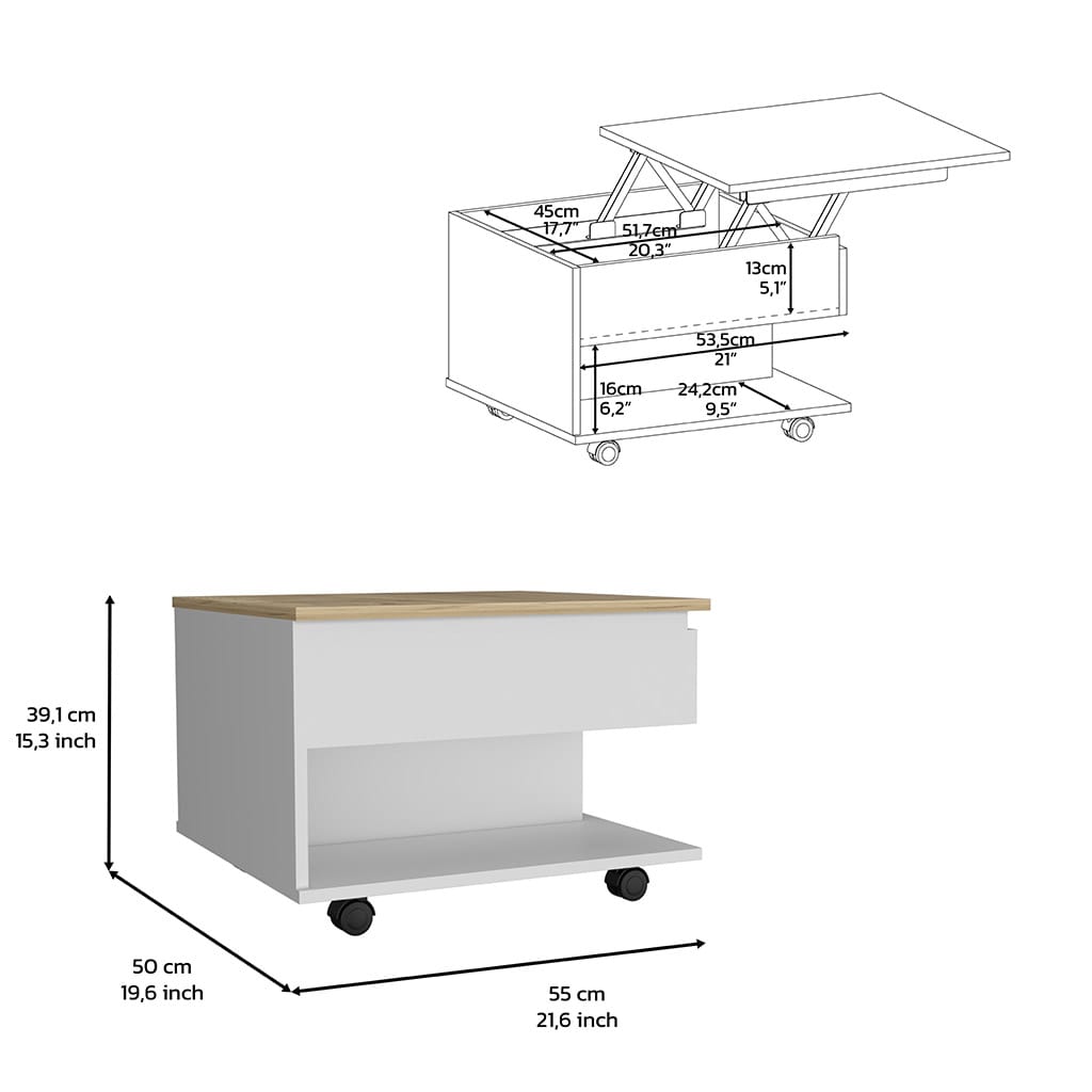 Lift Top Coffee Table - White & Light Oak Storage