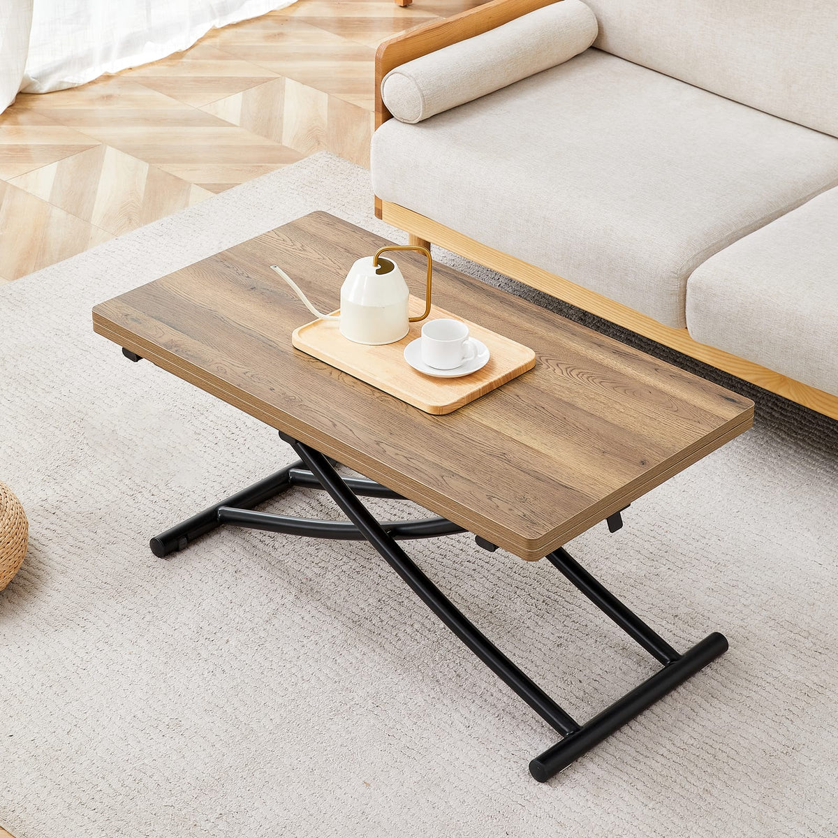 Adjustable Lift Table - Black & Natural Wood MDF for Living Room