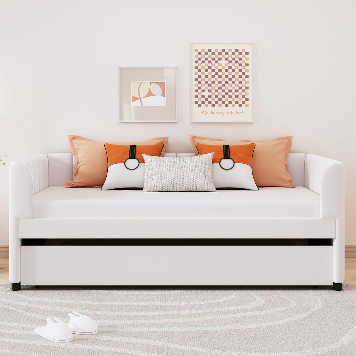 Beige Velvet Daybed with Trundle - Twin Size for Bedroom