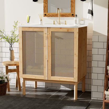 Wood & Rattan Bathroom Vanity - 30 Inch Storage
