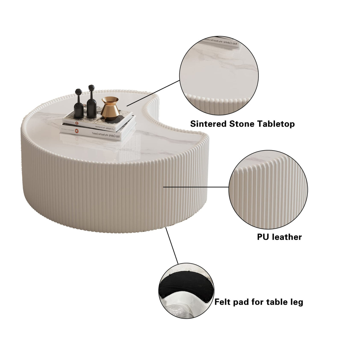 Light Sintered Stone Top Stylish Irregular Shape Leather Coffee Table - Cream White