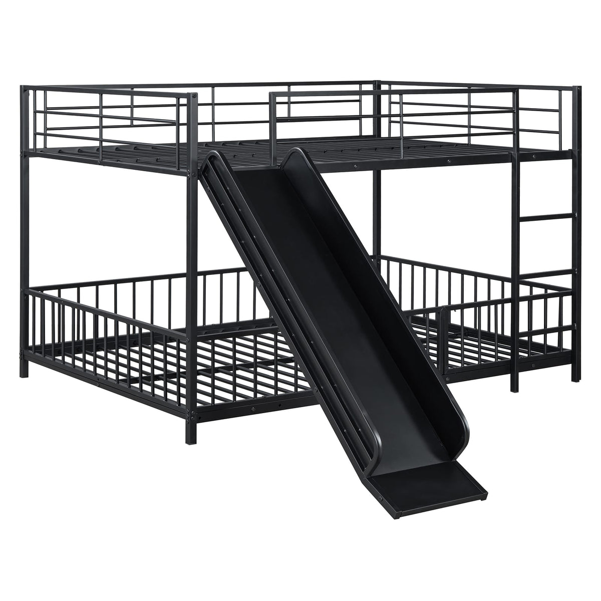 Full Over Full Metal Bunk Bed with Slide - Black for Bedroom