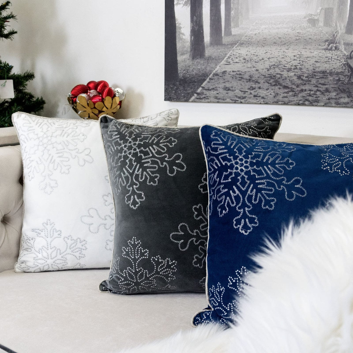 Blue Velvet Snowflake Throw Pillow Set 20x20