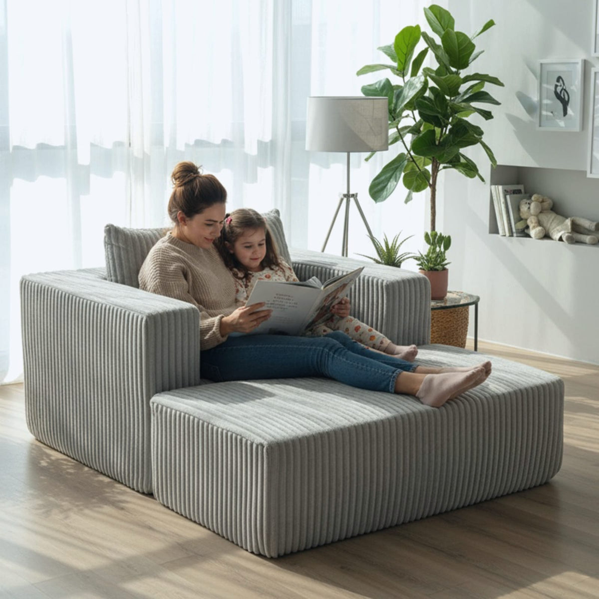 Oversized Corduroy Sofa Bed with Ottoman for Deep Media Comfort