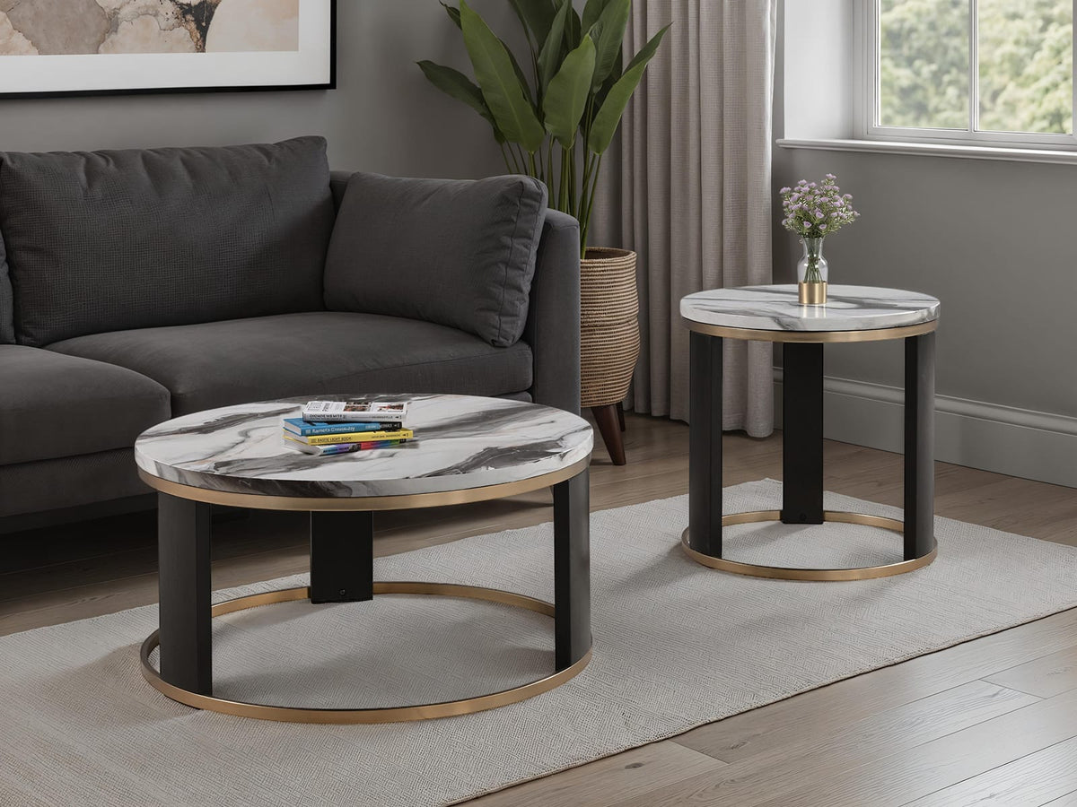 Contemporary Round End Table - Black, Gold, White Marble Top