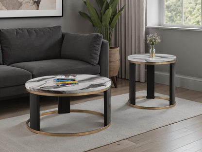 Contemporary Round End Table - Black, Gold, White Marble Top