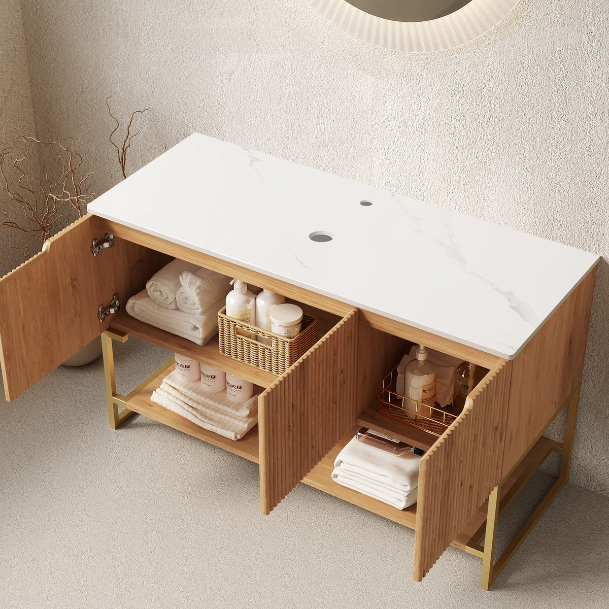 Carrara White Wood Vanity Cabinet with Sintered Stone Top
