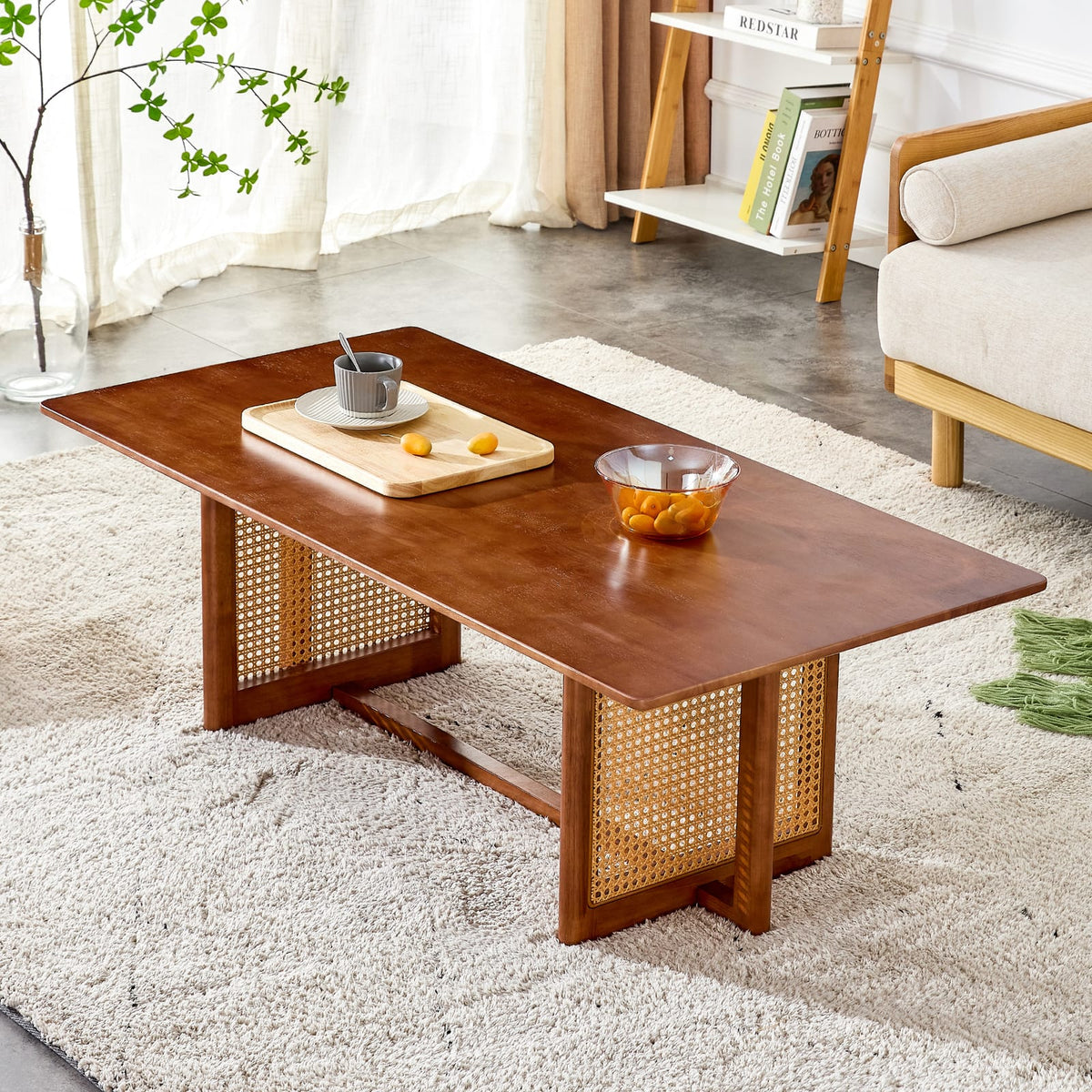 Walnut Rubber Wood Coffee Table Imitation Rattan Style for Living Room