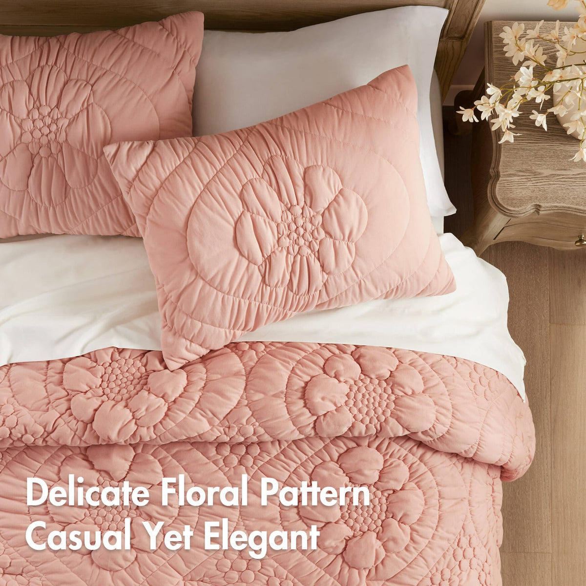 3-Piece Full/Queen Comforter Set, Pink - Soft Polyester Floral Quilt