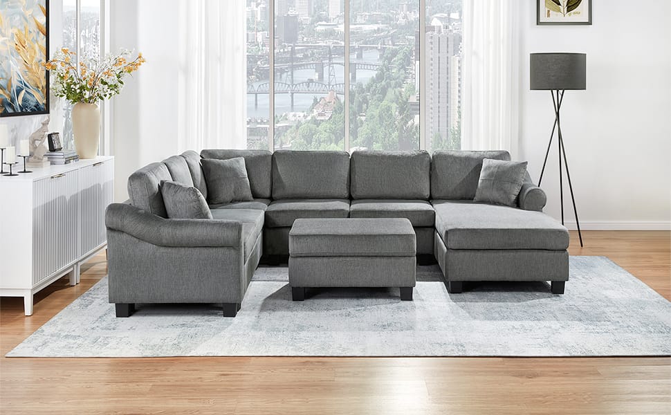 Dark Gray Chenille 6 Seat Sectional Sofa with Storage Ottoman